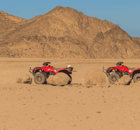 ATVs parked in desert landscape with mountains.