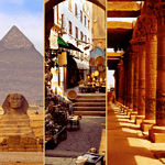 Collage of iconic Egyptian landmarks: the Great Pyramid and Sphinx, a bustling market, ancient temple columns, and a traveler at Abu Simbel with Discovery Tours Egypt.