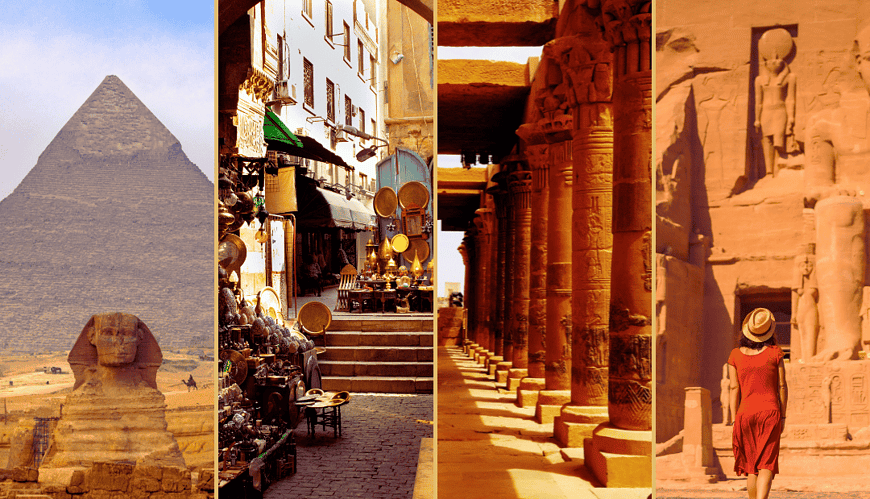 Collage of iconic Egyptian landmarks: the Great Pyramid and Sphinx, a bustling market, ancient temple columns, and a traveler at Abu Simbel with Discovery Tours Egypt.