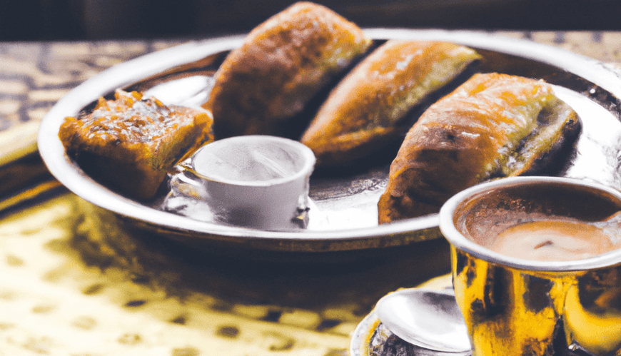 Samosas with chutney on ornate tray.