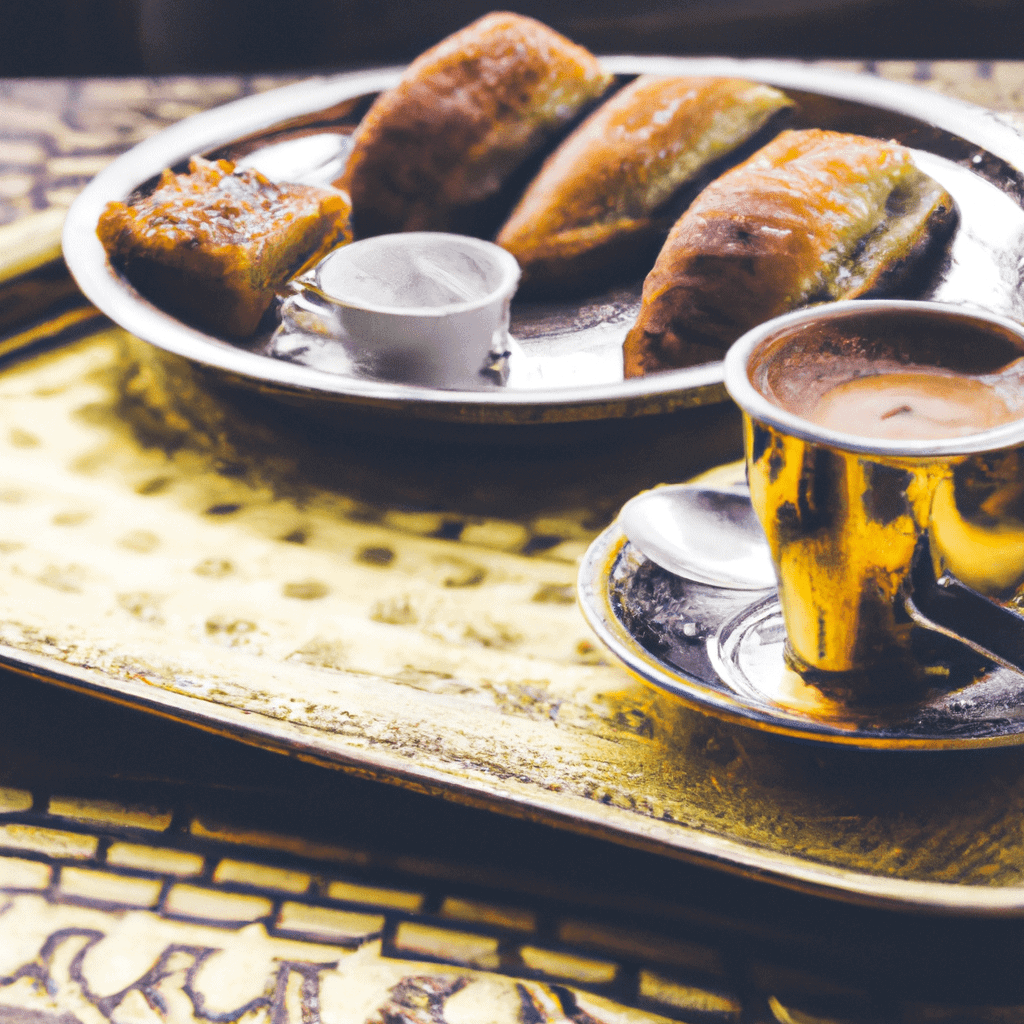 Samosas with chutney on ornate tray.
