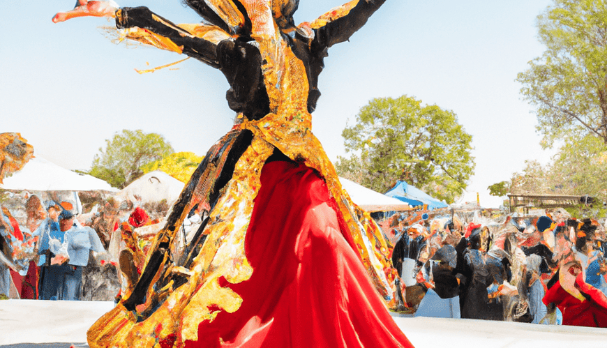 Colourful carnival dancer performing outdoors.