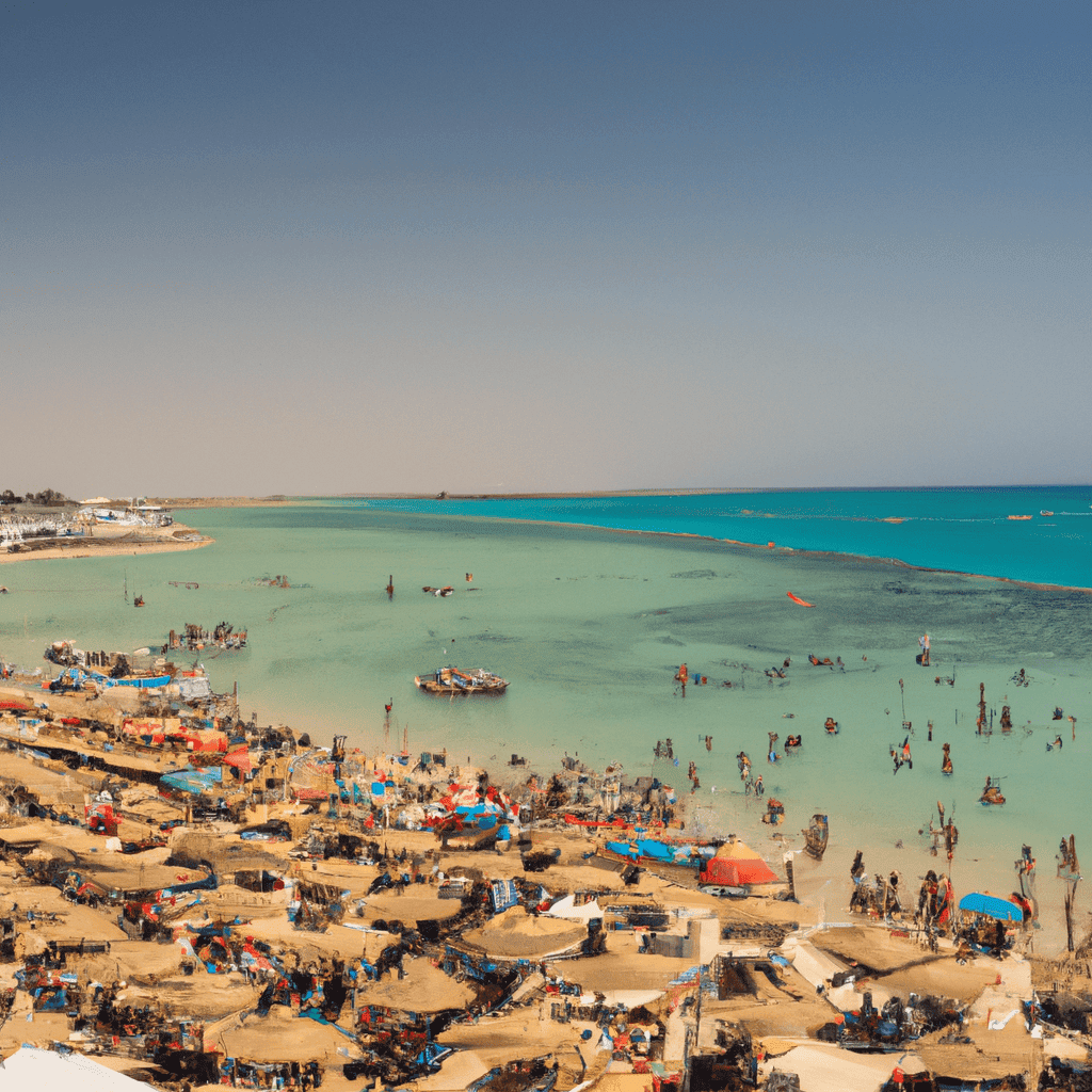 Crowded beach, turquoise water, boats, temporary shelters