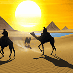 Camel caravan crossing desert at sunset.