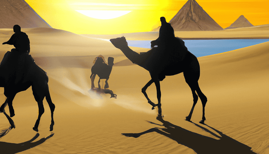 Camel caravan crossing desert at sunset.