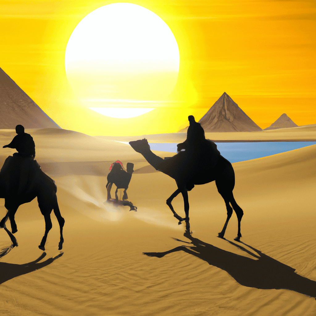 Camel caravan crossing desert at sunset.
