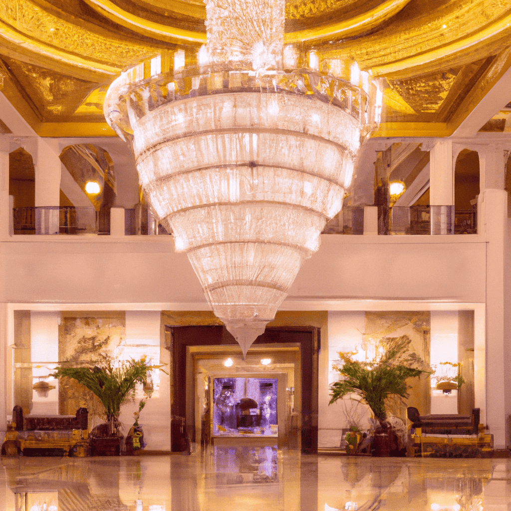 Opulent hotel lobby with grand chandelier.