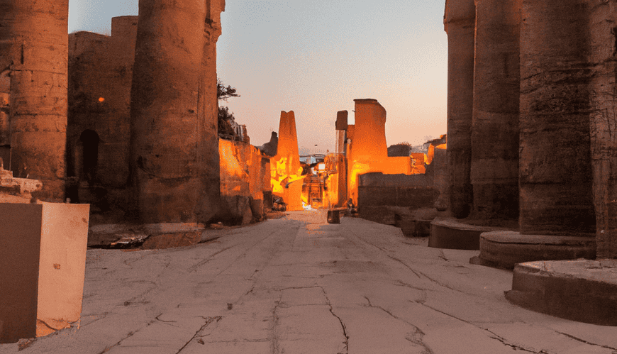 Ancient Egyptian temple ruins at sunset.
