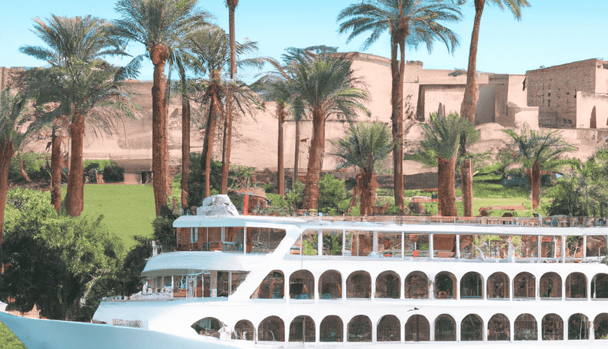 River cruise ship on Nile near palm trees and ruins.
