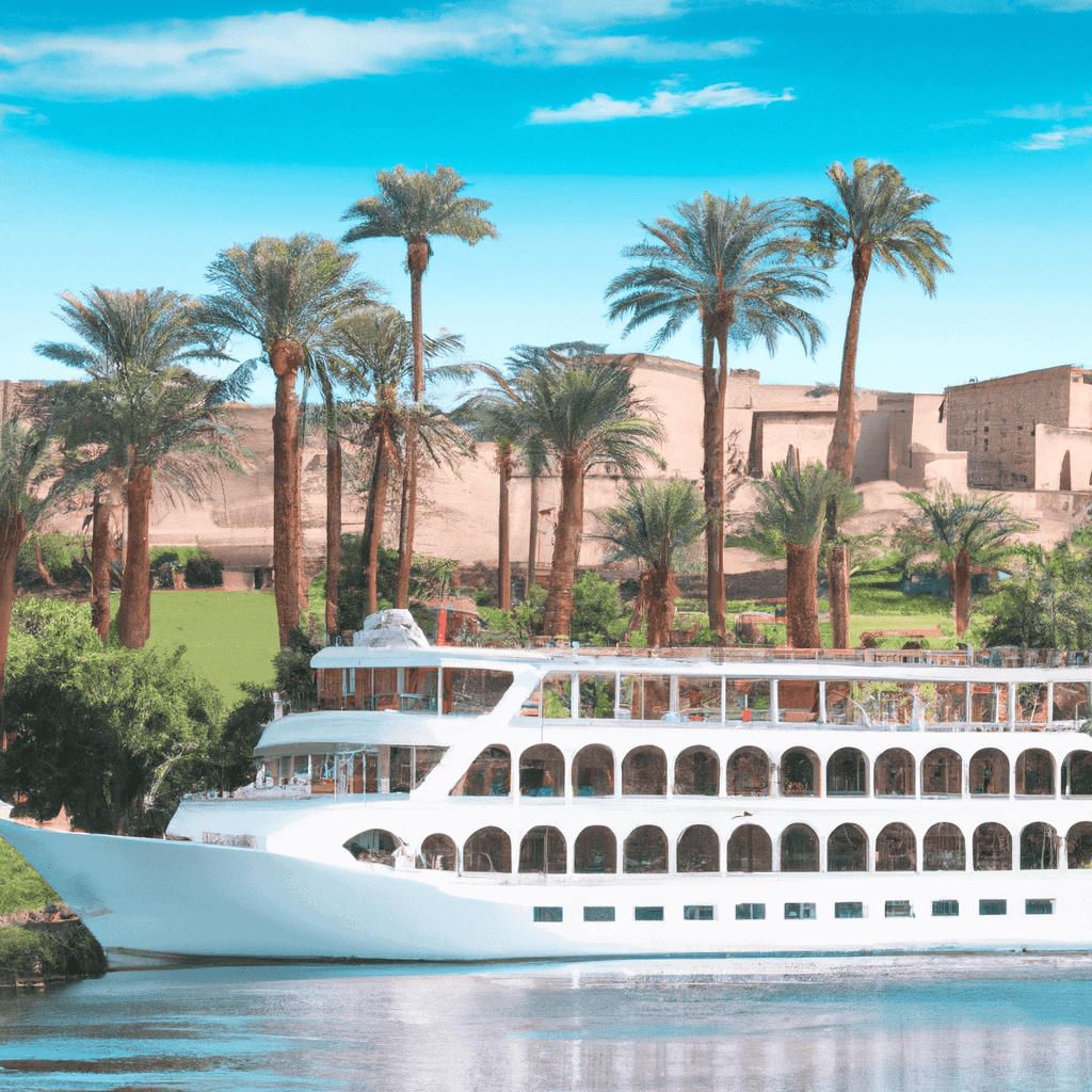 River cruise ship on Nile near palm trees and ruins.