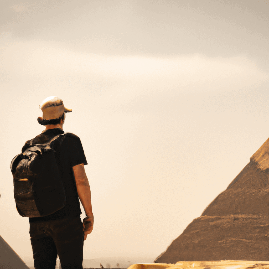 Man observing pyramids, travel adventure concept.