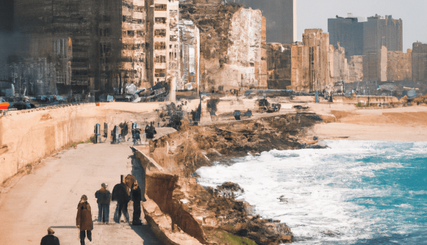 Seaside walkway with people and dilapidated buildings.