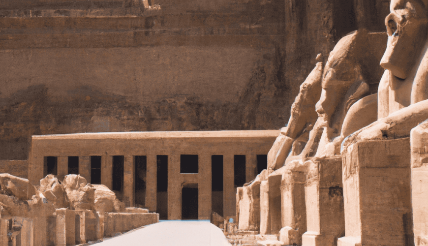 Ancient Egyptian temple with colossal statues under blue sky.