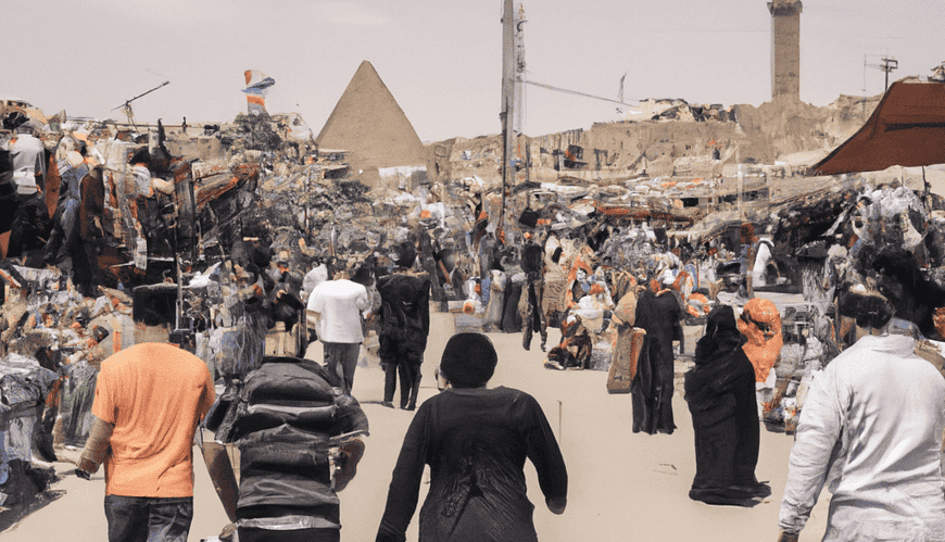 Bustling outdoor market near ancient pyramid and minaret.
