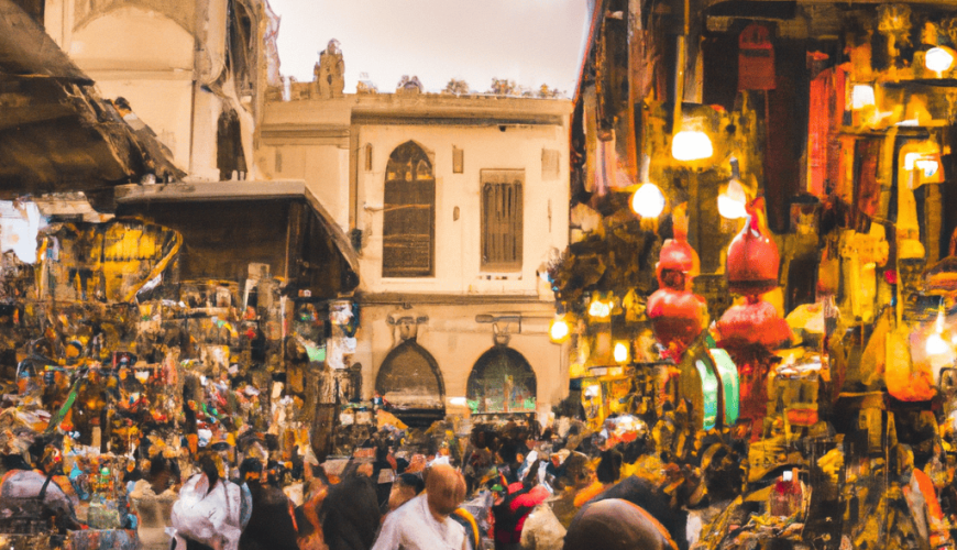 Bustling market street at dusk, colourful stalls and shoppers.
