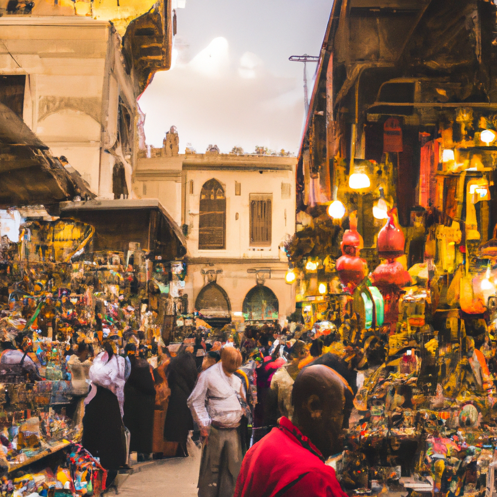 Bustling market street at dusk, colourful stalls and shoppers.