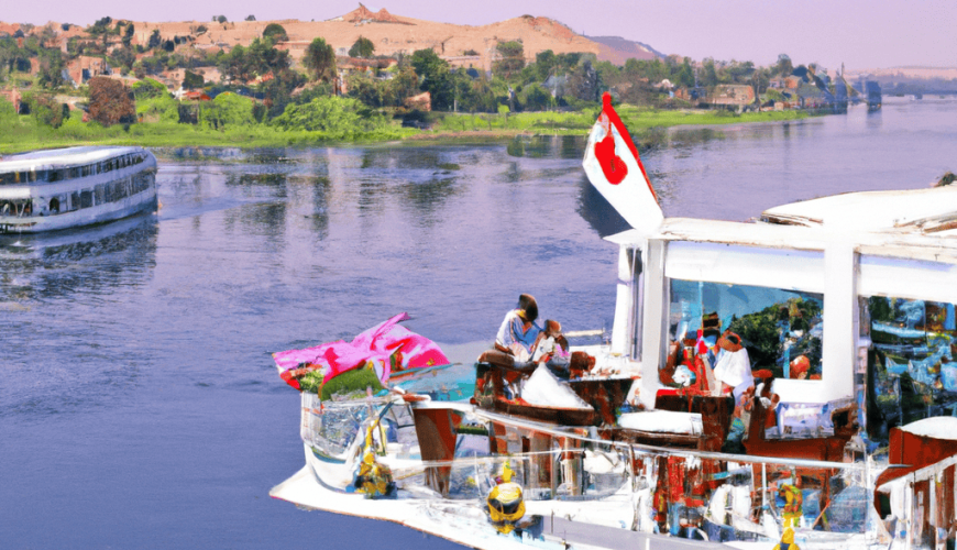 River cruise boats on Nile, Egypt with tourists.