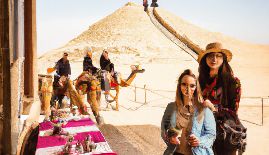 Tourists on camel ride near desert pyramids.