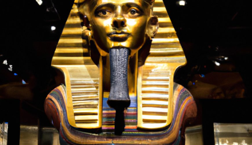 Golden Egyptian pharaoh mask on display in museum.