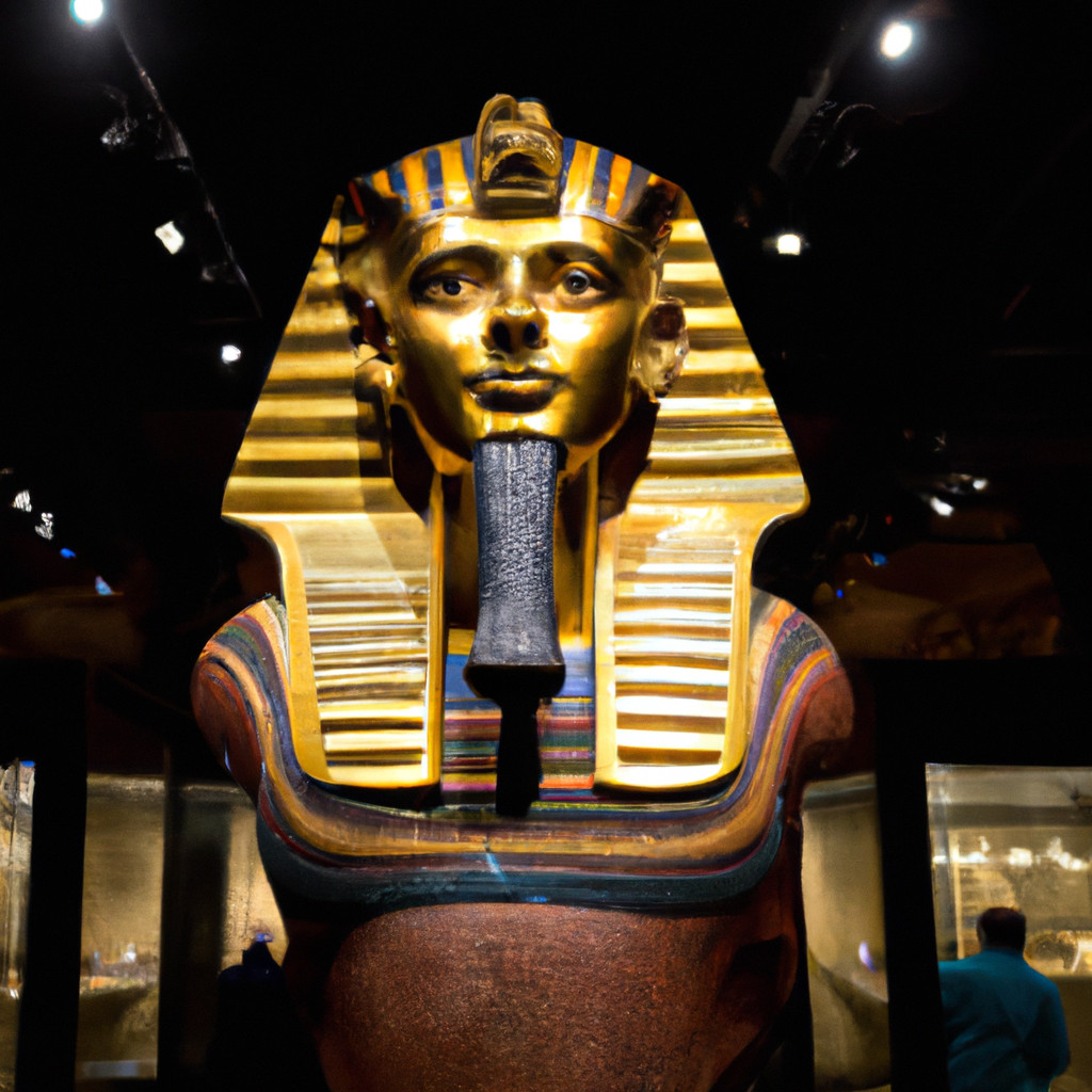 Golden Egyptian pharaoh mask on display in museum.