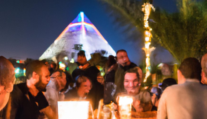 People socialising at night with lit pyramid in background.