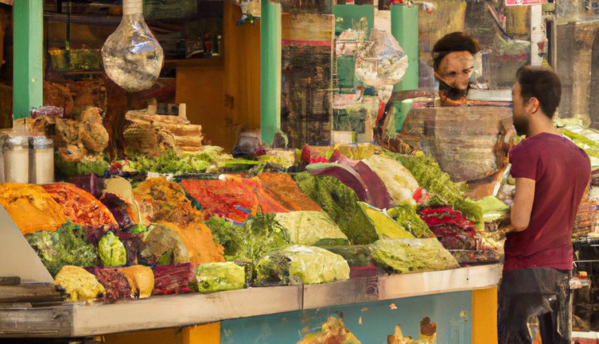 Colourful spice market stall with customer and vendor.