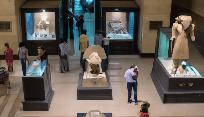 Visitors exploring exhibits in a history museum gallery.
