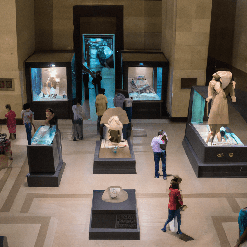 Visitors exploring exhibits in a history museum gallery.