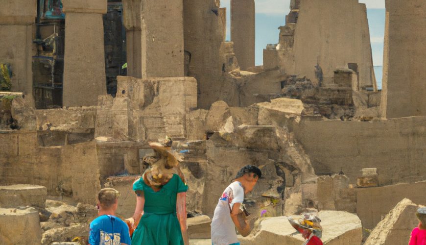 Family exploring ancient ruins on sunny day.