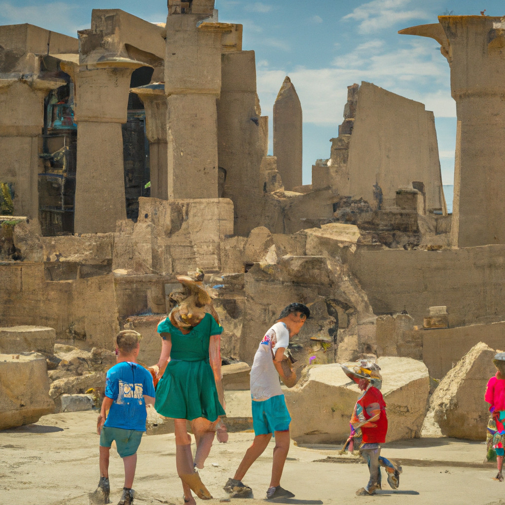 Family exploring ancient ruins on sunny day.