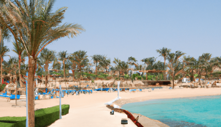 Tropical beach resort with palm trees and clear blue water