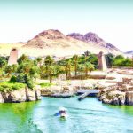 Scenic oasis with mountains and river in sunlight.