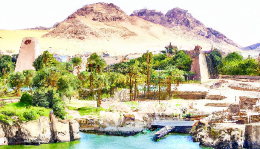 Scenic oasis with mountains and river in sunlight.