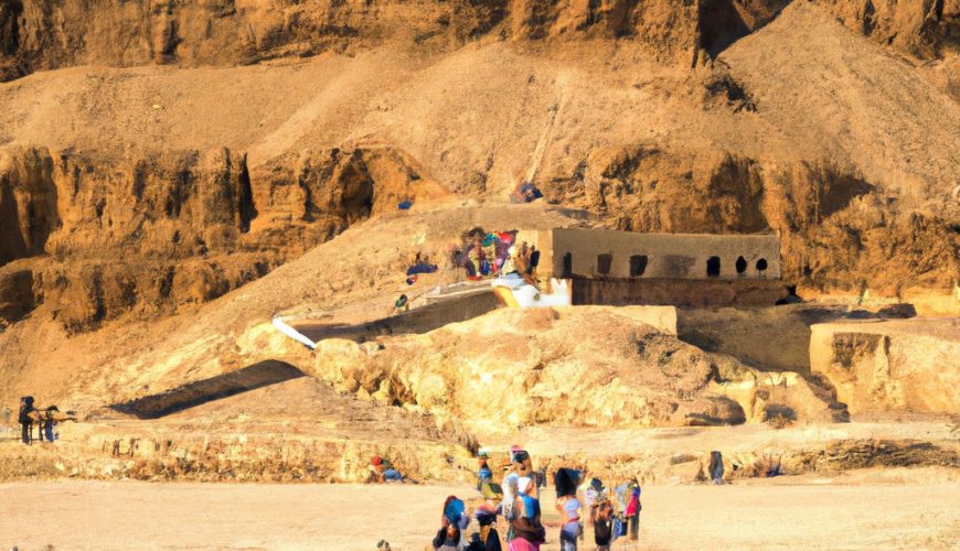 Tourists visiting an arid historical site.