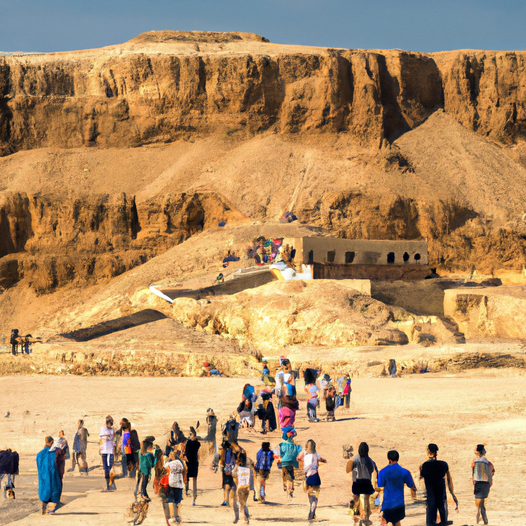 Tourists visiting an arid historical site.