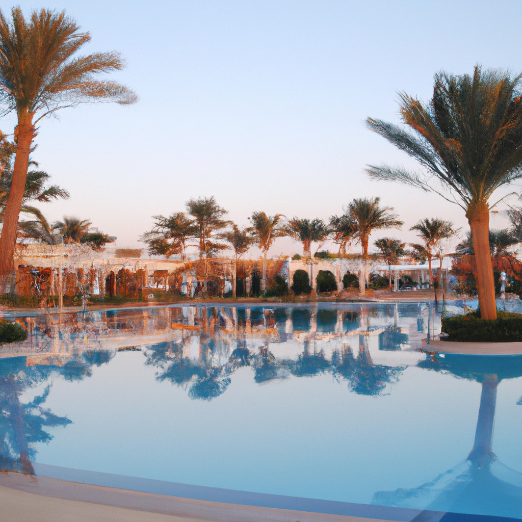 Tropical resort pool with palm tree reflections at sunset.