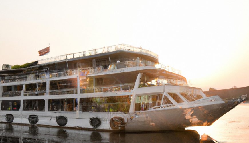Sunset view of an anchored riverboat.
