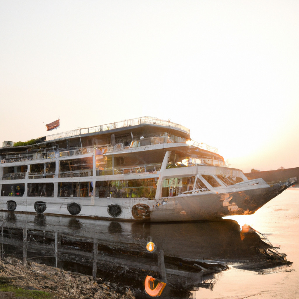 Sunset view of an anchored riverboat.