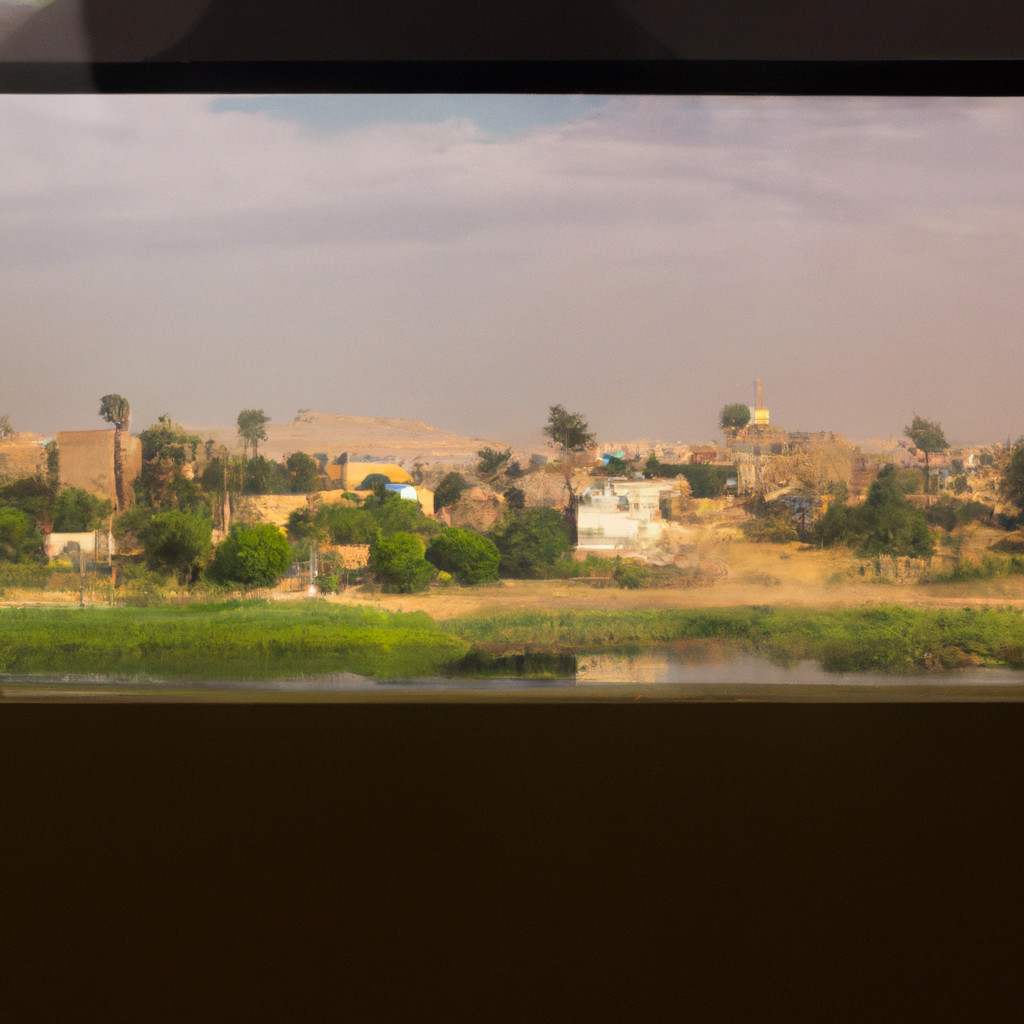 Rural landscape with river and buildings through window.