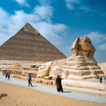 Great Sphinx and Pyramid under blue sky in Egypt.