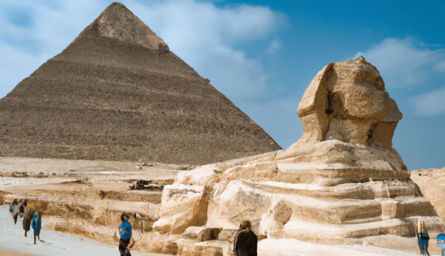 Great Sphinx and Pyramid under blue sky in Egypt.