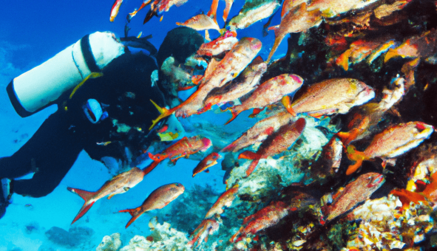 Diver among colorful fish on coral reef.