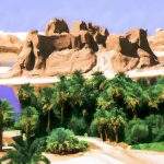 Saharan cliffs overlooking lush oasis with pathway