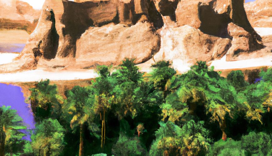 Saharan cliffs overlooking lush oasis with pathway