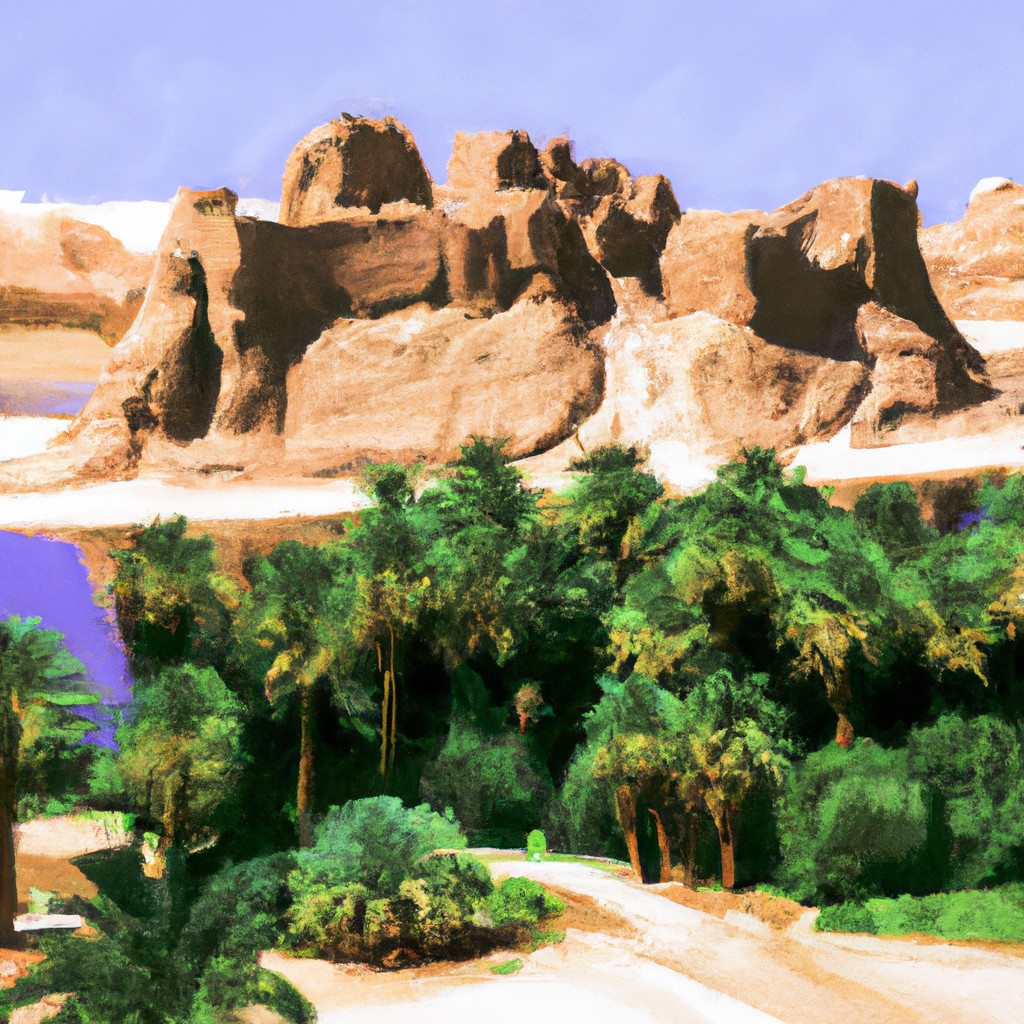 Saharan cliffs overlooking lush oasis with pathway