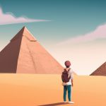 Person observing pyramids in desert landscape.