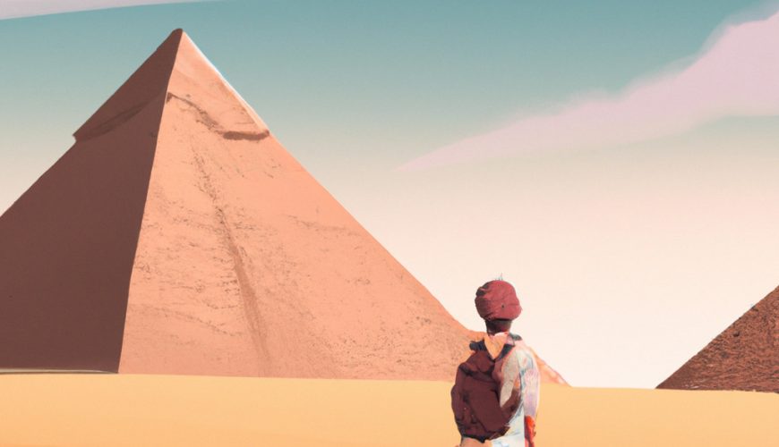 Person observing pyramids in desert landscape.