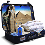 Themed suitcase with Egyptian artifacts and pyramid backdrop.
