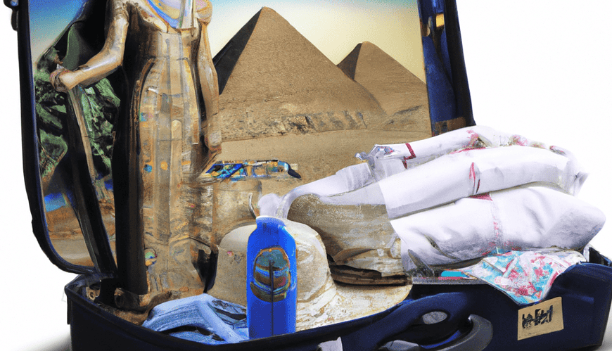 Themed suitcase with Egyptian artifacts and pyramid backdrop.