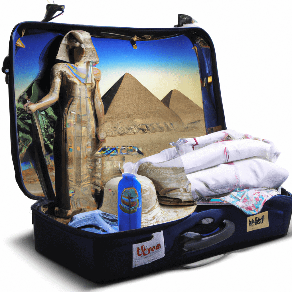 Themed suitcase with Egyptian artifacts and pyramid backdrop.